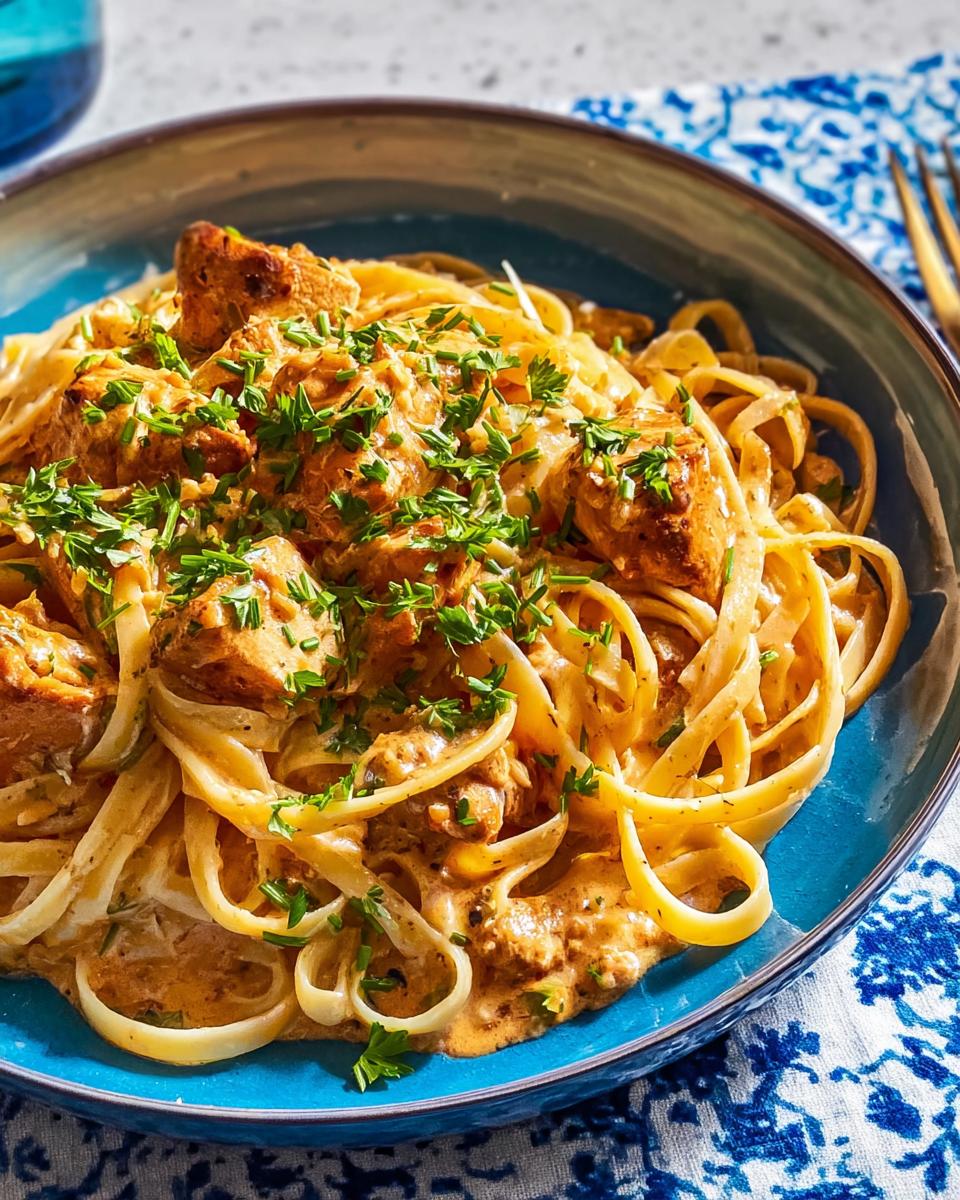 A close-up of Cowboy Butter Chicken Pasta in a blue bowl, garnished with fresh herbs.