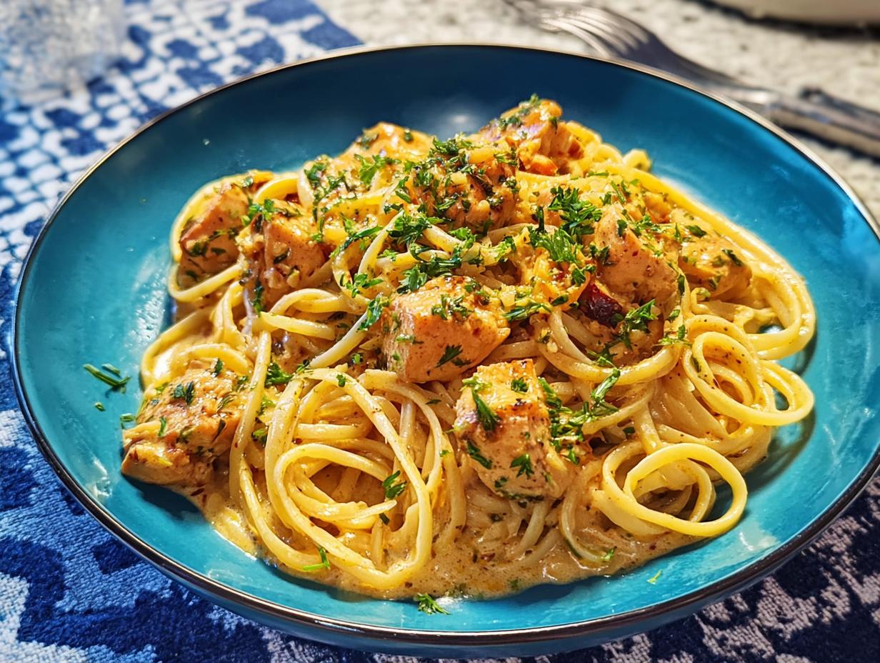 A close-up of Cowboy Butter Chicken Pasta served in a blue bowl, garnished with fresh parsley.