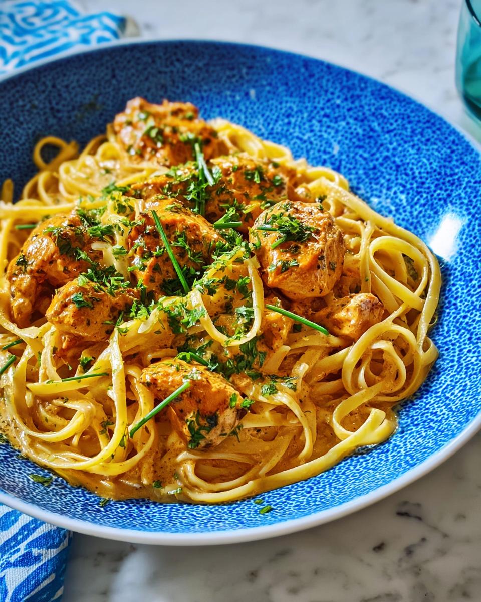 A close-up of Cowboy Butter Chicken Pasta in a blue bowl, featuring fettuccine noodles coated in a creamy sauce with tender chicken pieces and fresh herbs.