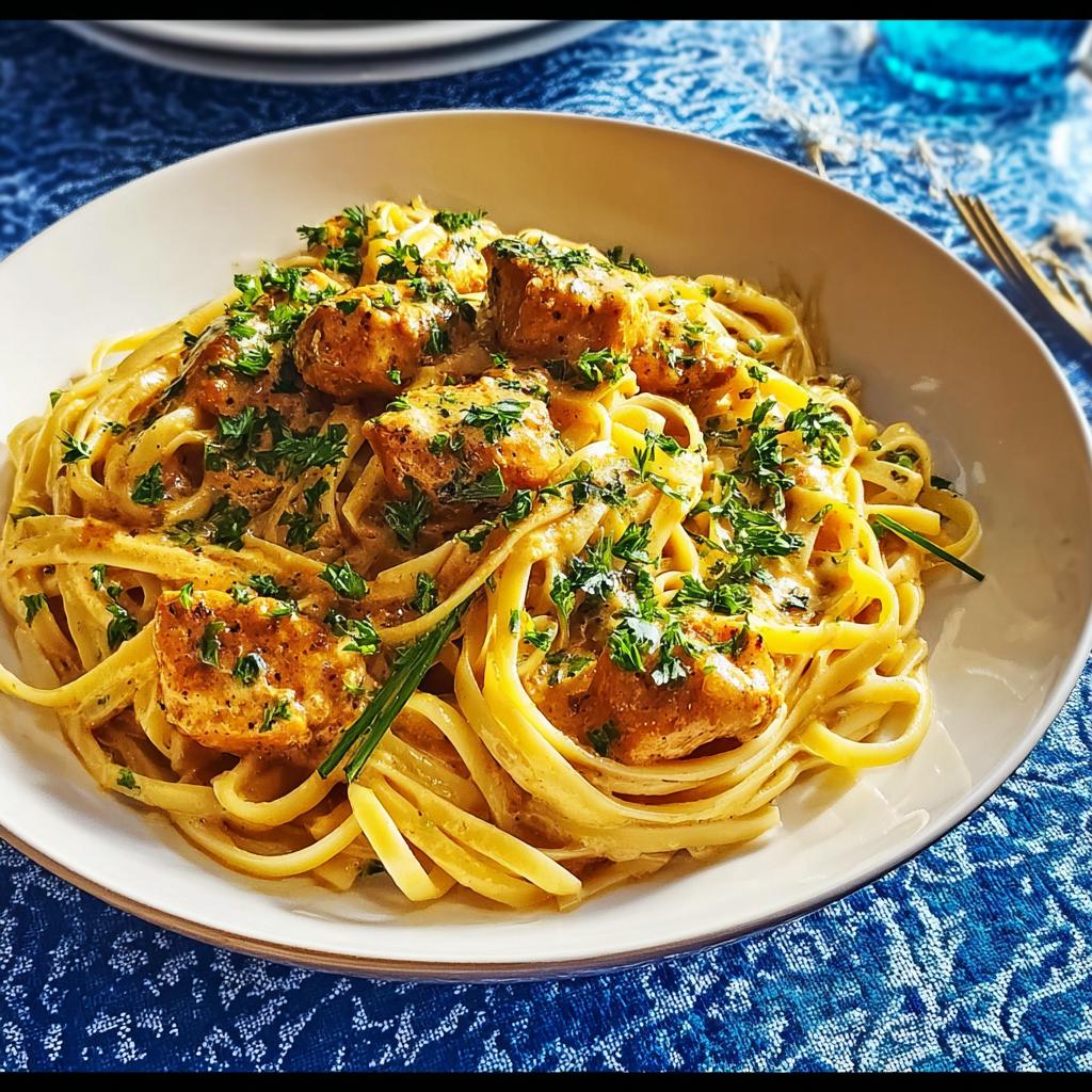 A close-up of Cowboy Butter Chicken Pasta served with fettuccine noodles and garnished with fresh parsley.