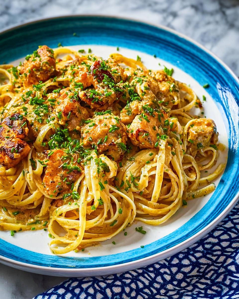 A plate of Cowboy Butter Chicken Pasta with linguine noodles, creamy sauce, and fresh chives.