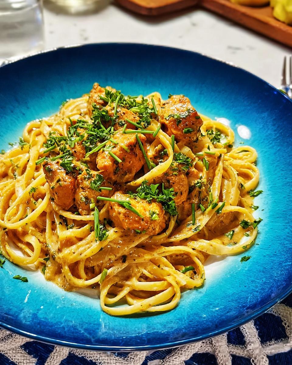 A vibrant blue plate filled with Cowboy Butter Chicken Pasta, topped with fresh parsley and chives.