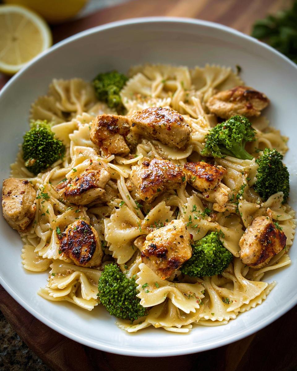 A bowl of Cowboy Butter Lemon Bowtie Chicken Pasta with Broccoli, featuring tender chicken pieces and vibrant broccoli florets.