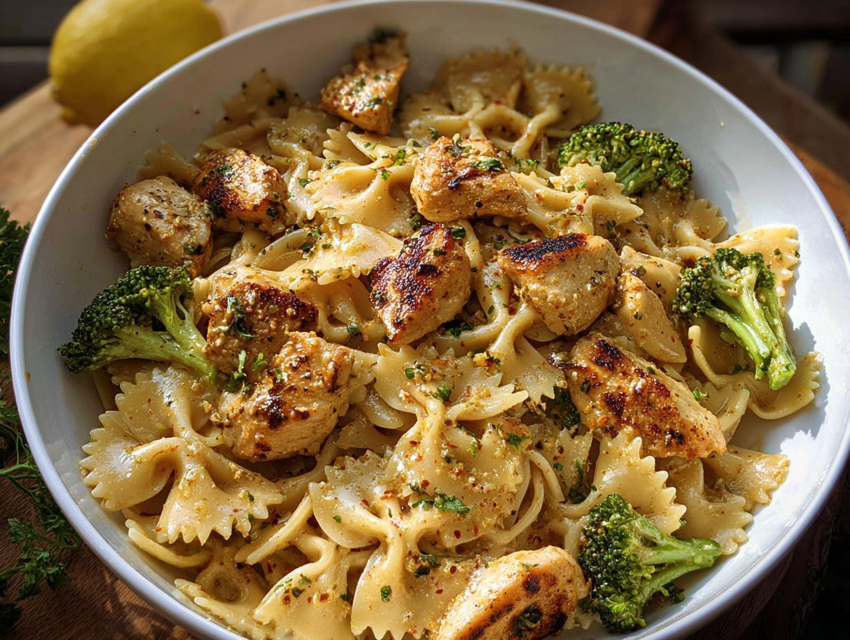 A bowl of Cowboy Butter Lemon Bowtie Chicken Pasta with Broccoli, featuring tender chicken pieces and vibrant broccoli florets.