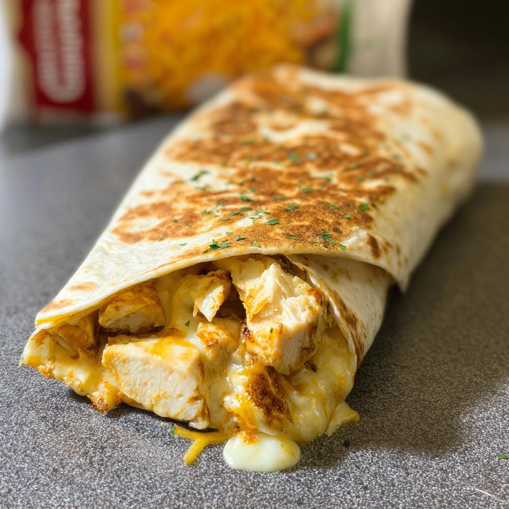 A close-up of a Cozy Cheesy Garlic Chicken Wrap, showing chunks of chicken and melted cheese spilling out.