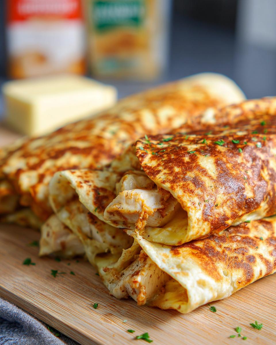 A close-up of Cozy Cheesy Garlic Chicken Wraps, showing tender chicken and melted cheese inside golden-brown tortillas, garnished with parsley.