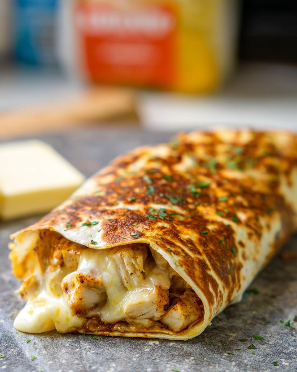 Close-up of a Cozy Cheesy Garlic Chicken Wrap, showing melted cheese oozing out with seasoned chicken pieces.