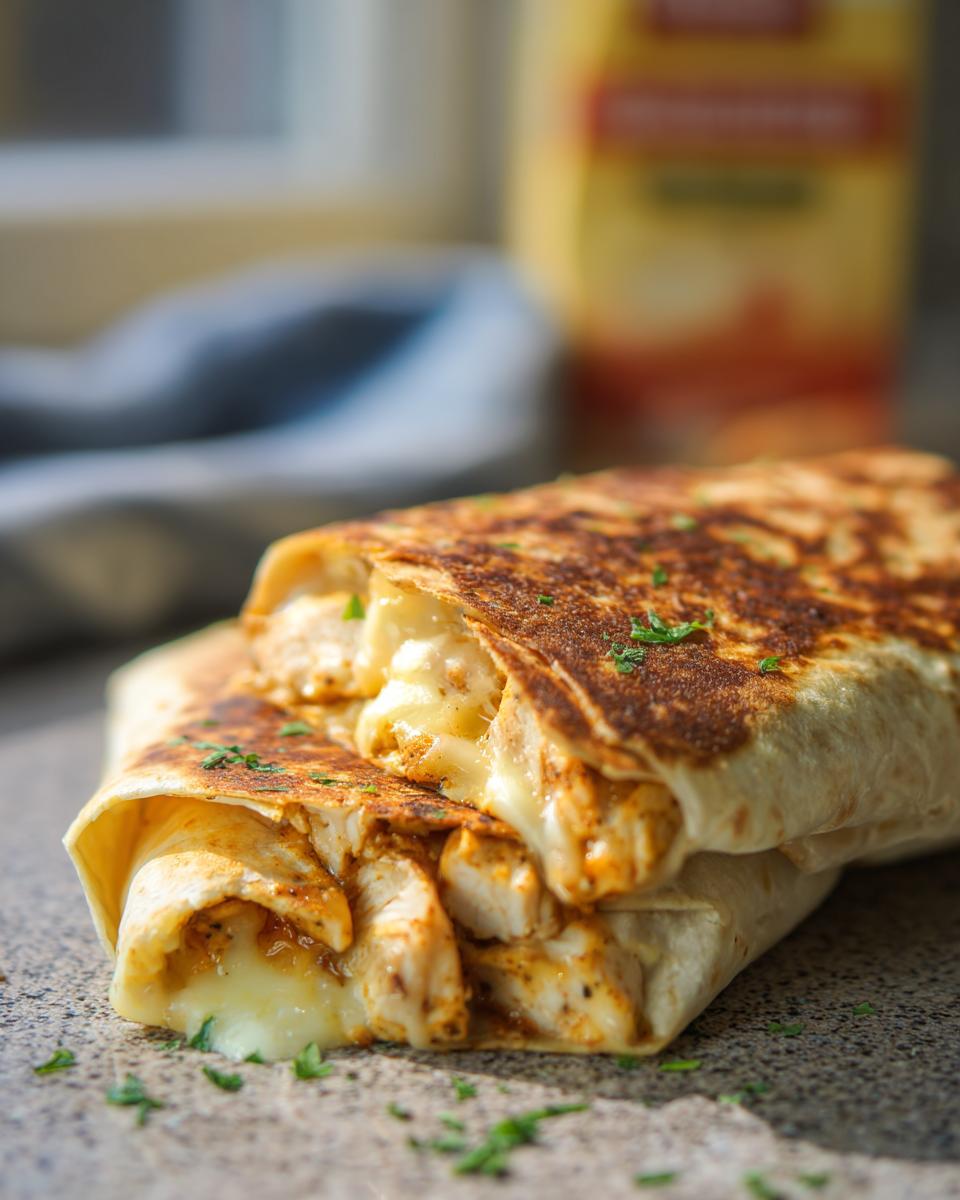 Close-up of Cozy Cheesy Garlic Chicken Wraps, showing tender chicken and melted cheese spilling out.