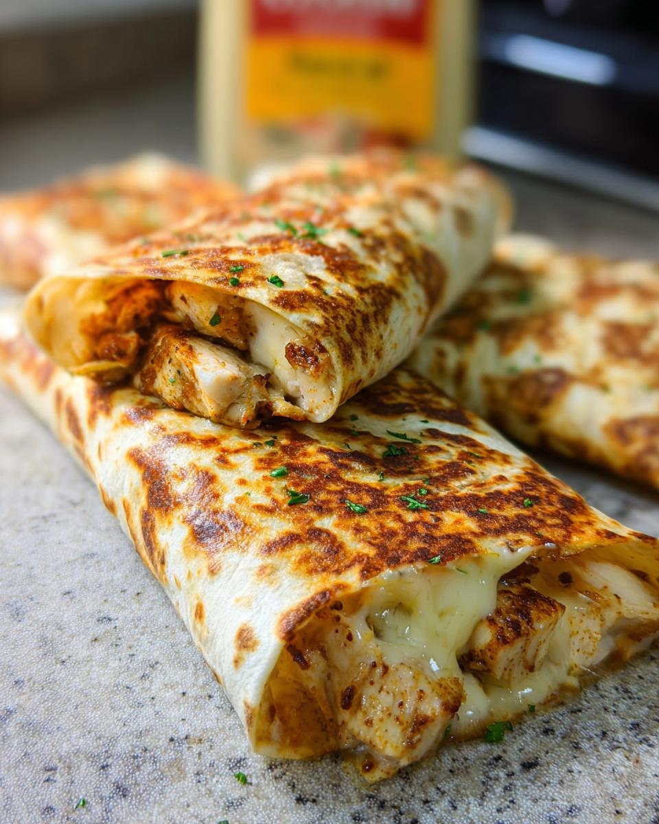 Close-up of Cozy Cheesy Garlic Chicken Wraps, showing tender chicken and melted cheese spilling out.