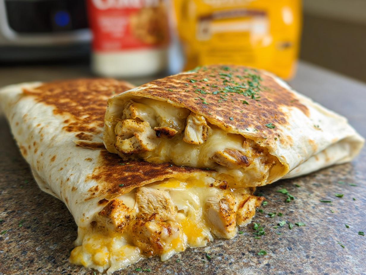 A close-up of two halves of a Cozy Cheesy Garlic Chicken Wrap, showing tender chicken and melted cheese spilling out.