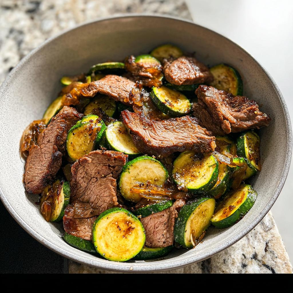 A close-up of a Cozy Grilled Steak Bowl with Zucchini, featuring sliced grilled steak and pan-fried zucchini rounds.