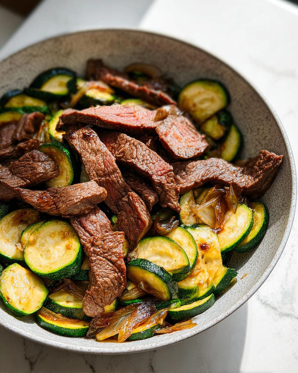 A close-up of a Cozy Grilled Steak Bowl with Zucchini, featuring sliced grilled steak and sautéed zucchini rounds.