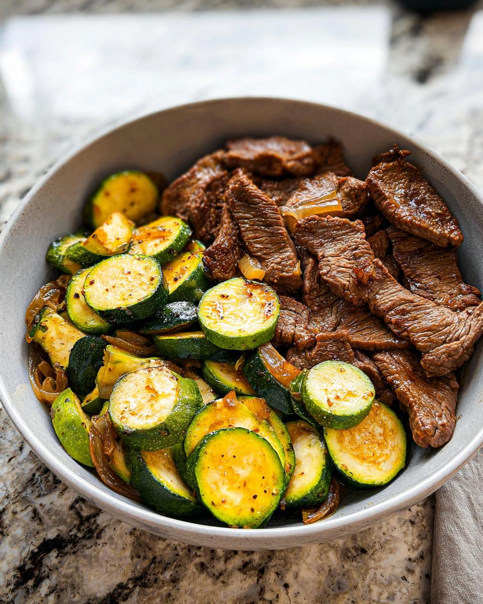 A close-up of a Cozy Grilled Steak Bowl with Zucchini, featuring sliced grilled steak and sautéed zucchini.