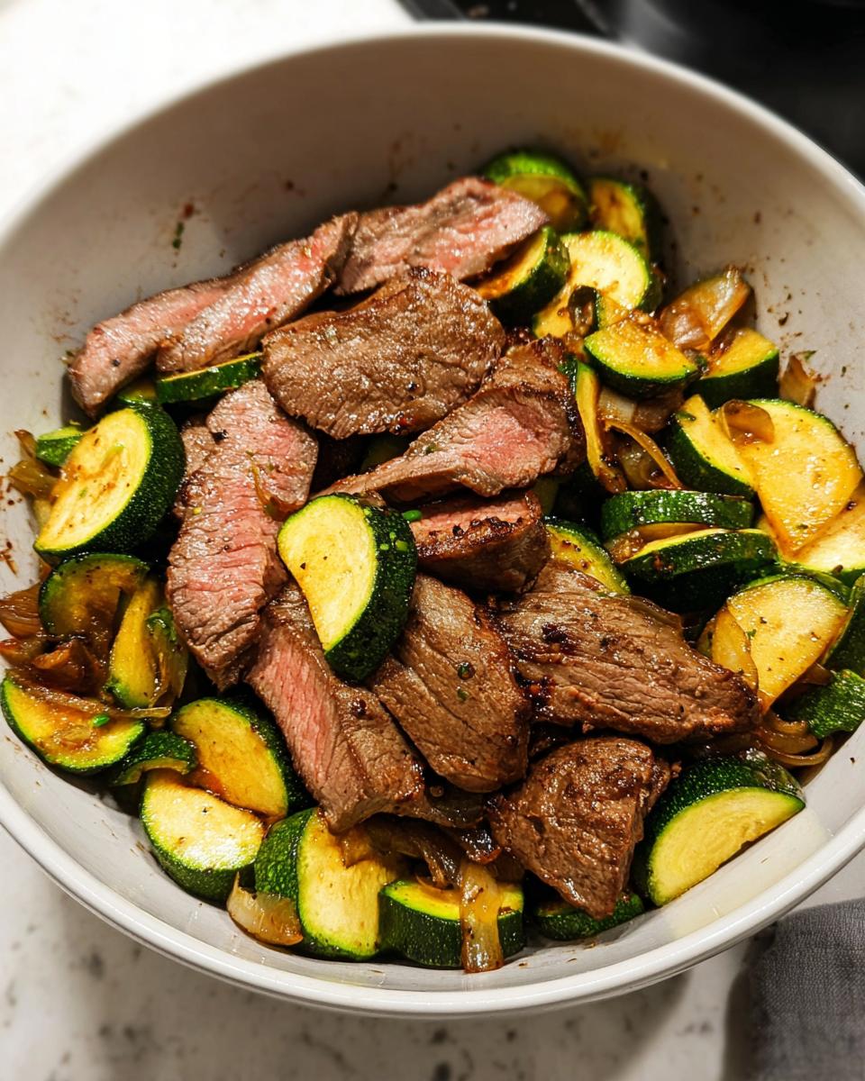 A close-up of a white bowl filled with sliced grilled steak and sautéed zucchini.