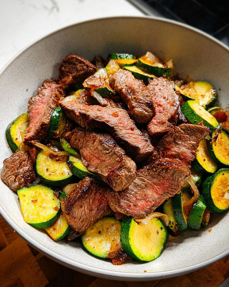 A close-up of a Cozy Grilled Steak Bowl with Zucchini, featuring sliced grilled steak and sautéed zucchini rounds.