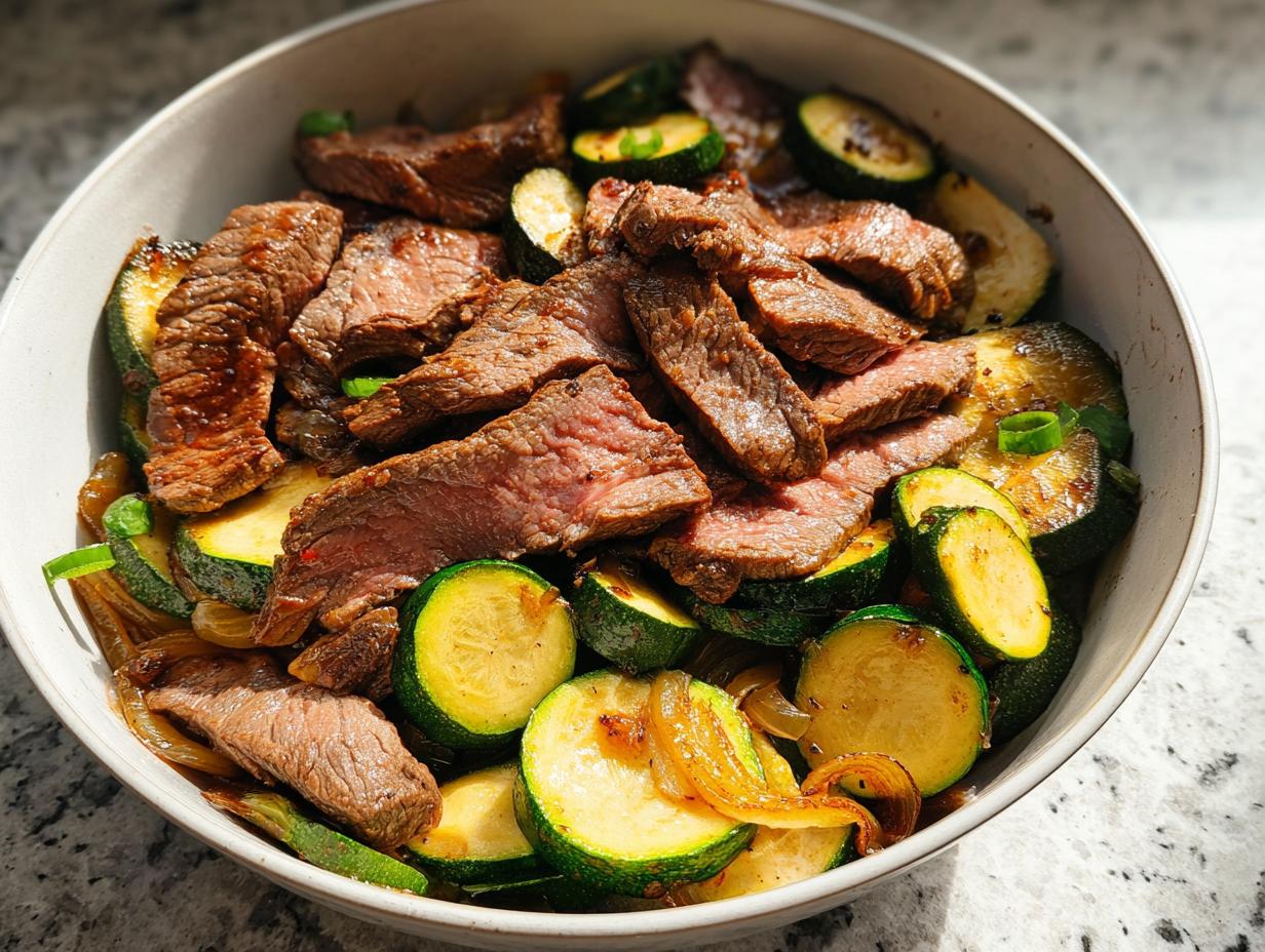 A close-up of a bowl filled with sliced grilled steak and tender zucchini rounds, a perfect Cozy Grilled Steak Bowl with Zucchini.