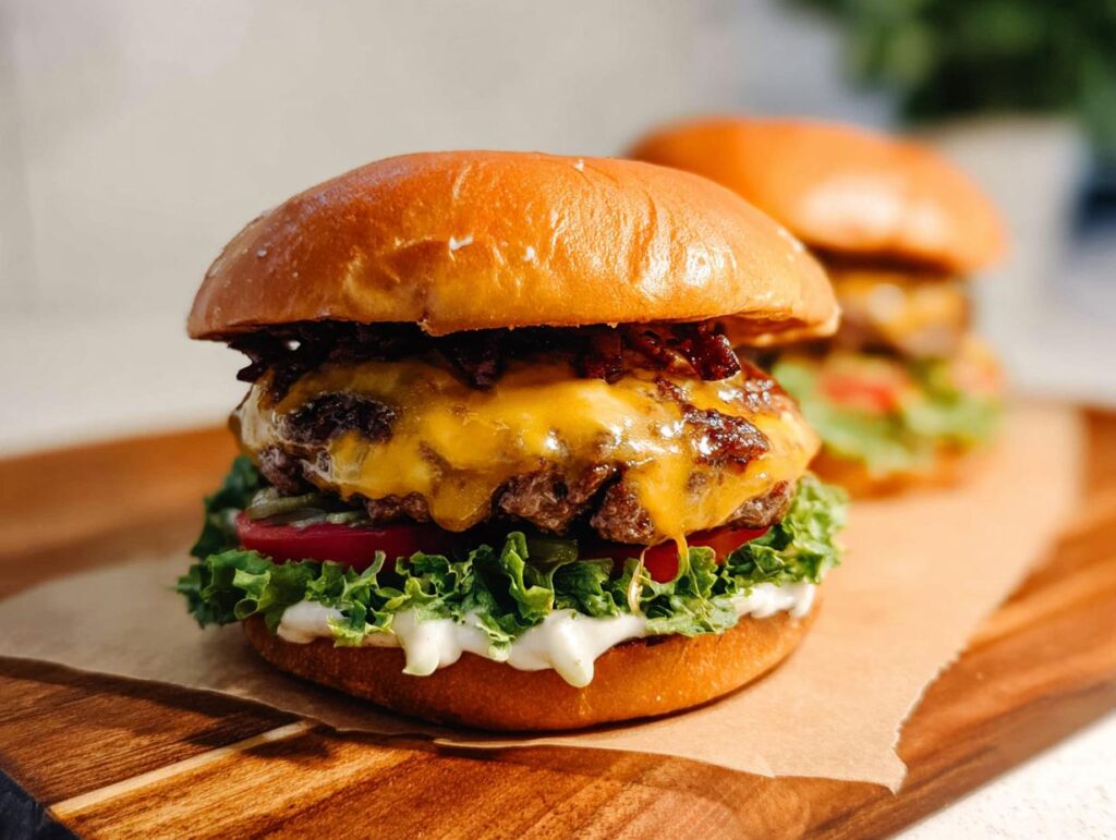 Close-up of a juicy Crack Burger with double patties, melted cheddar cheese, lettuce, tomato, and pickles.