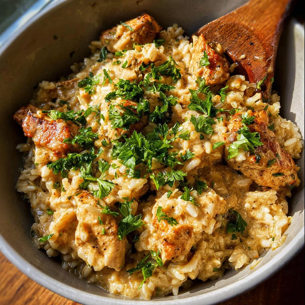 A close-up of a bowl of Creamy Cajun Chicken & Rice Bowls, topped with fresh parsley.