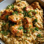 Close-up of Creamy Cajun Chicken & Rice Bowls, featuring tender chicken pieces in a rich sauce over fluffy rice, garnished with parsley.
