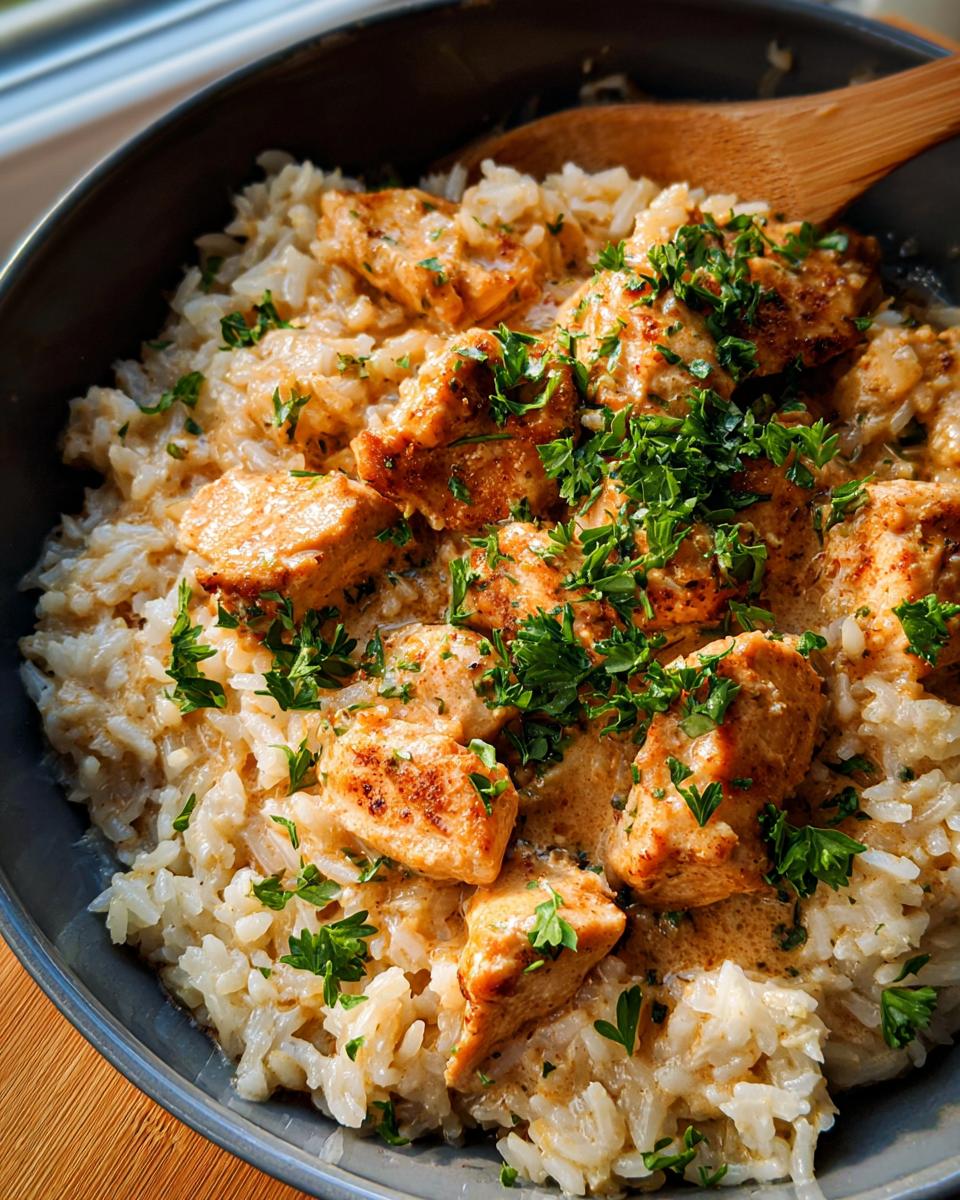 Close-up of Creamy Cajun Chicken & Rice Bowls, featuring tender chicken pieces in a rich sauce over fluffy rice, garnished with parsley.