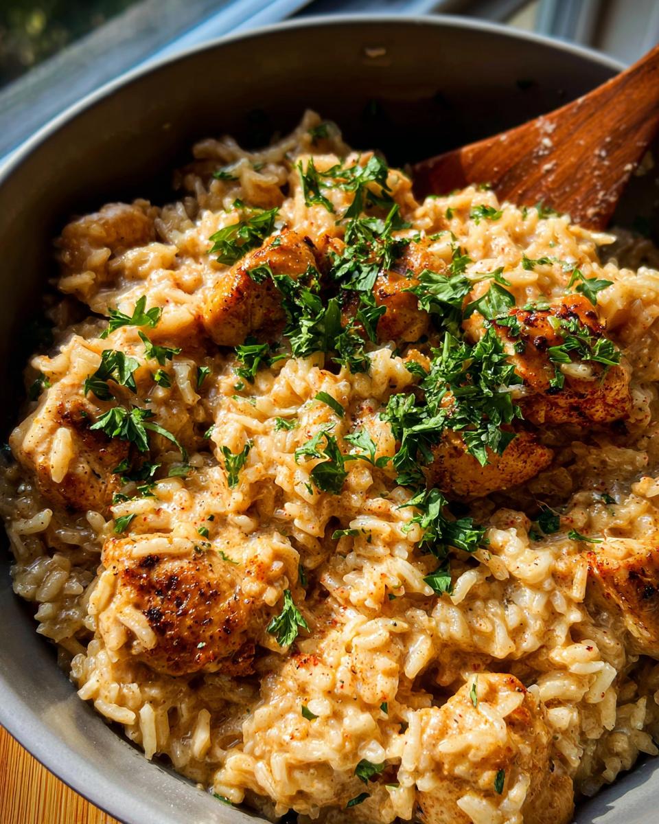 Close-up of Creamy Cajun Chicken & Rice Bowls, featuring tender chicken pieces and fluffy rice in a rich sauce, garnished with fresh parsley.