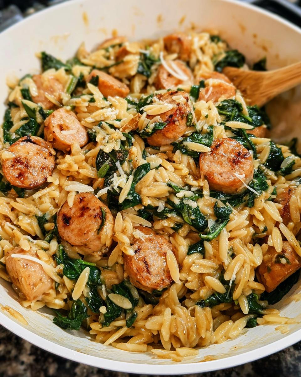 Close-up of Creamy Chicken Sausage Orzo with wilted spinach and grated cheese.