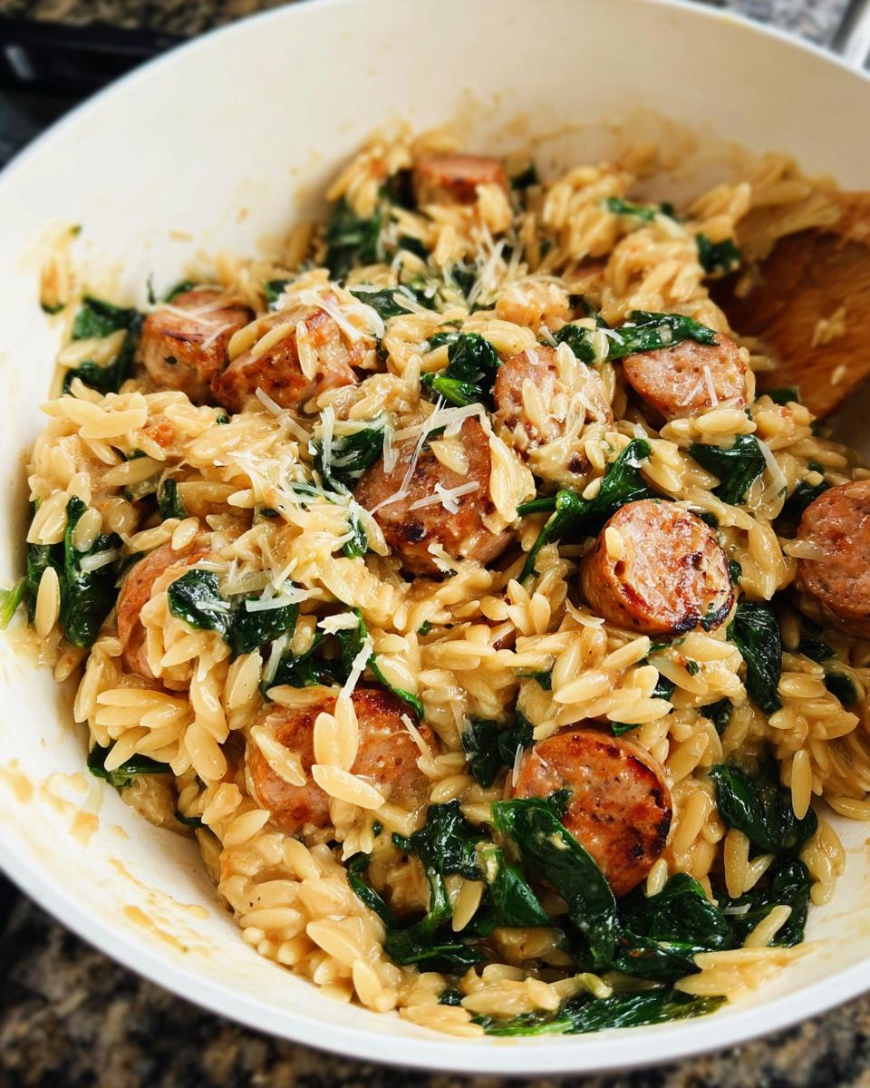Close-up of a bowl of Creamy Chicken Sausage Orzo with wilted spinach and grated Parmesan cheese.