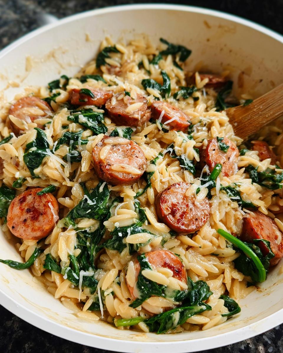 Close-up of Creamy Chicken Sausage Orzo with spinach and grated cheese, a wooden spoon is visible.