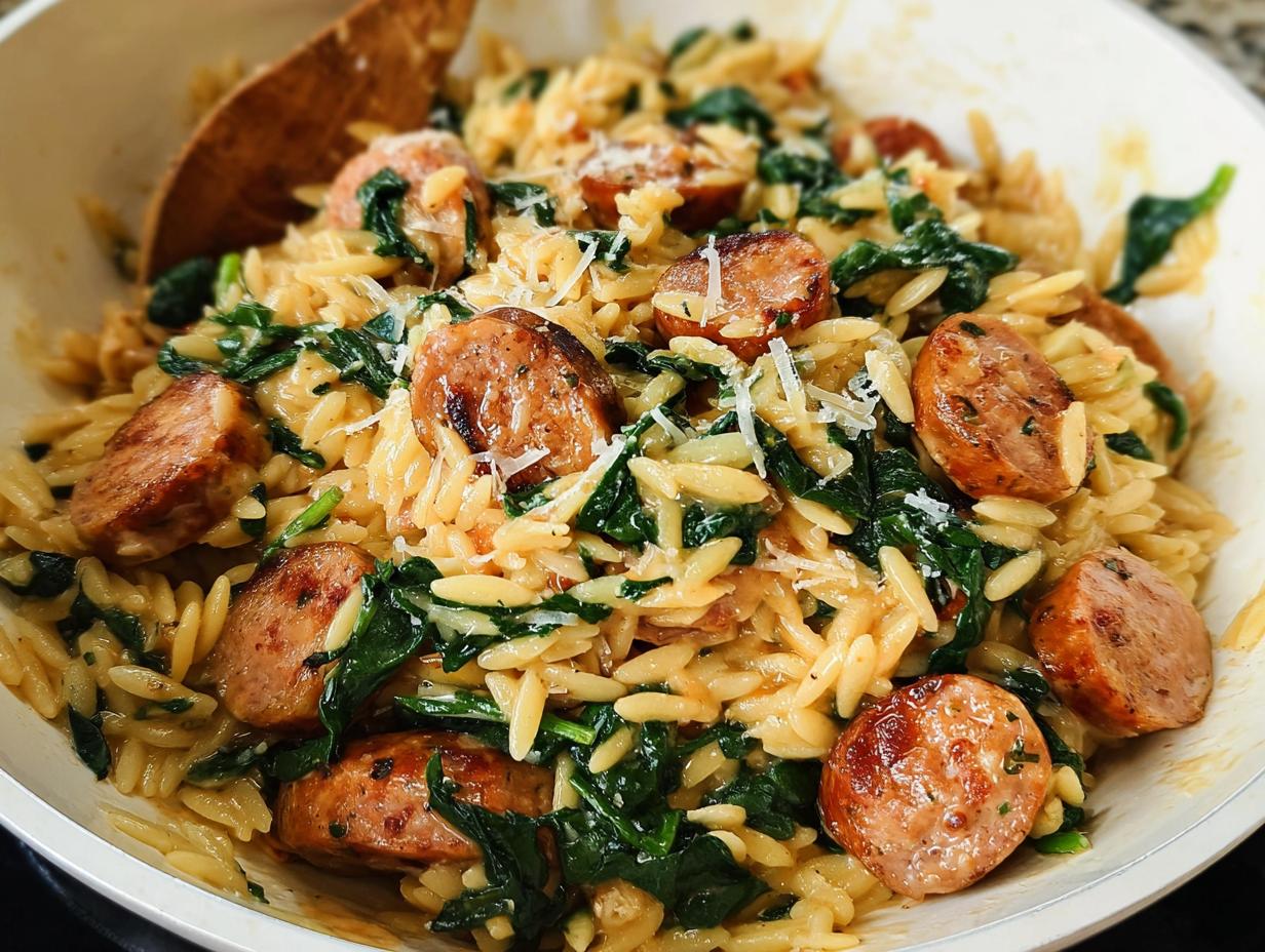A close-up of creamy chicken sausage orzo with wilted spinach and grated Parmesan cheese.