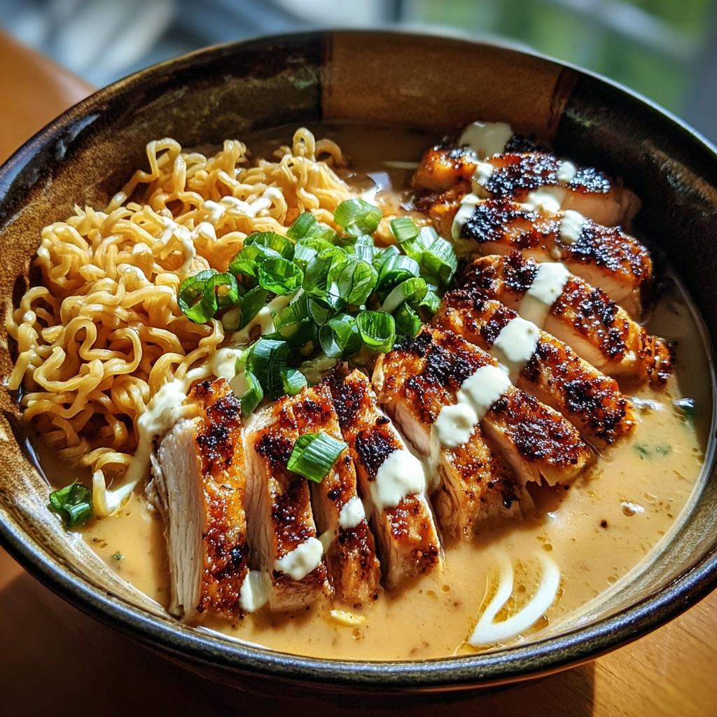 A bowl of Creamy Garlic Chicken Ramen with sliced grilled chicken, ramen noodles, and green onions.