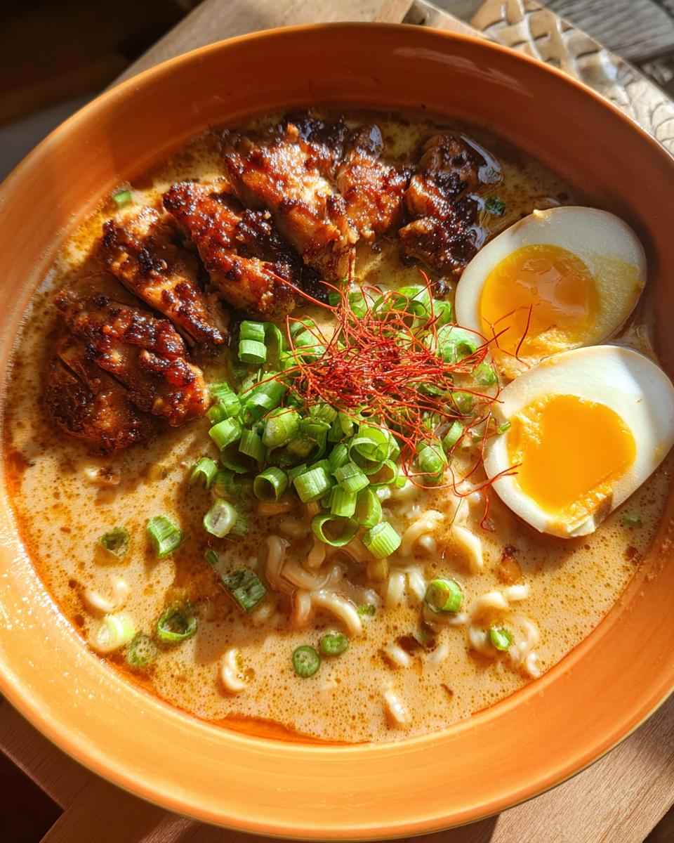 A bowl of Creamy Garlic Chicken Ramen with sliced chicken, ramen noodles, soft-boiled eggs, and green onions.
