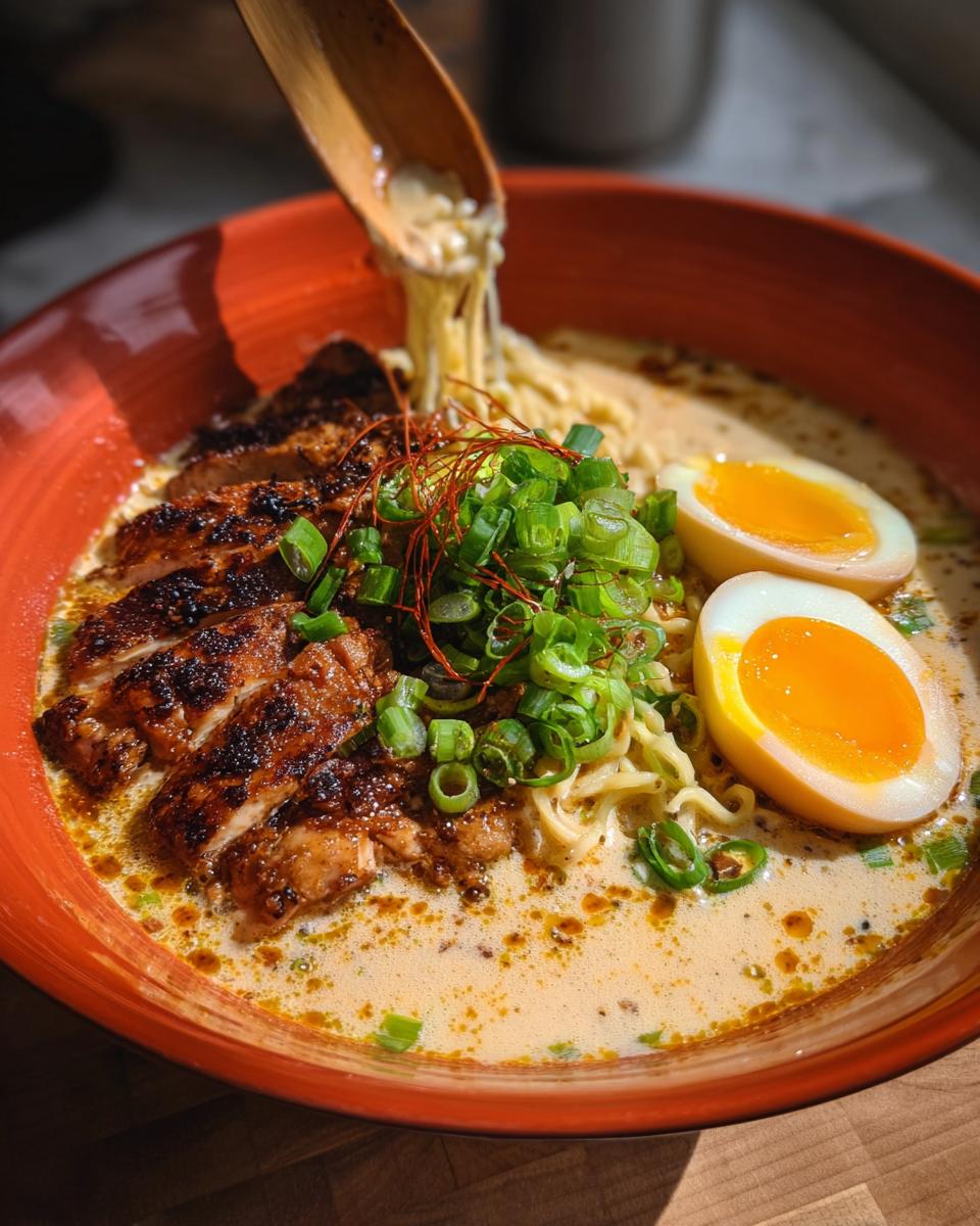 A bowl of Creamy Garlic Chicken Ramen topped with sliced chicken, ramen noodles, a soft-boiled egg, and green onions.