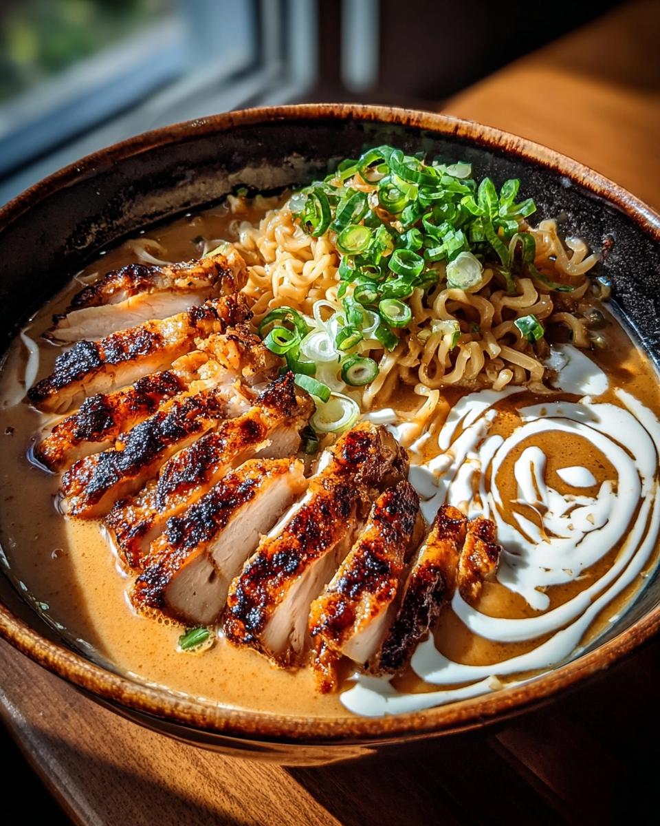 A bowl of Creamy Garlic Chicken Ramen with sliced grilled chicken, noodles, and green onions, drizzled with cream.