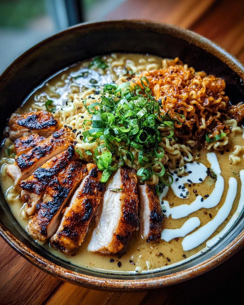 A bowl of Creamy Garlic Chicken Ramen topped with sliced grilled chicken, ramen noodles, green onions, and a swirl of sauce.