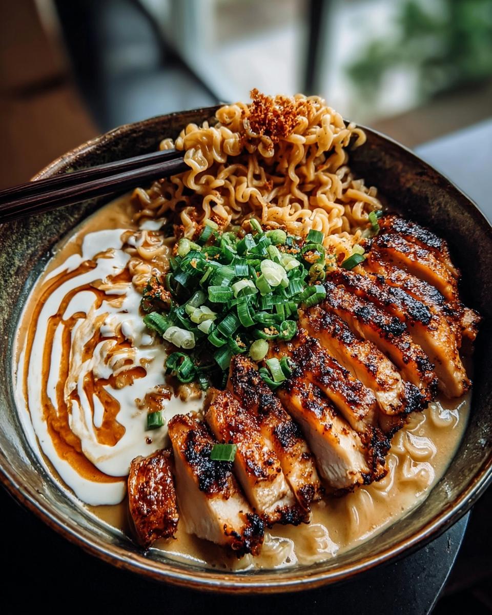 A close-up of a bowl of Creamy Garlic Chicken Ramen, featuring sliced grilled chicken, noodles, and green onions.