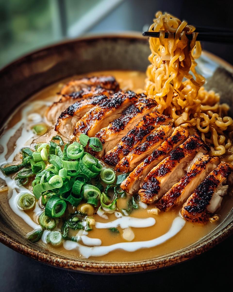 A bowl of Creamy Garlic Chicken Ramen topped with sliced grilled chicken and green onions, with noodles being lifted by chopsticks.