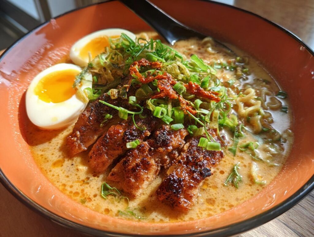 A close-up of a delicious bowl of Creamy Garlic Chicken Ramen, featuring sliced chicken, ramen noodles, a soft-boiled egg, and green onions.
