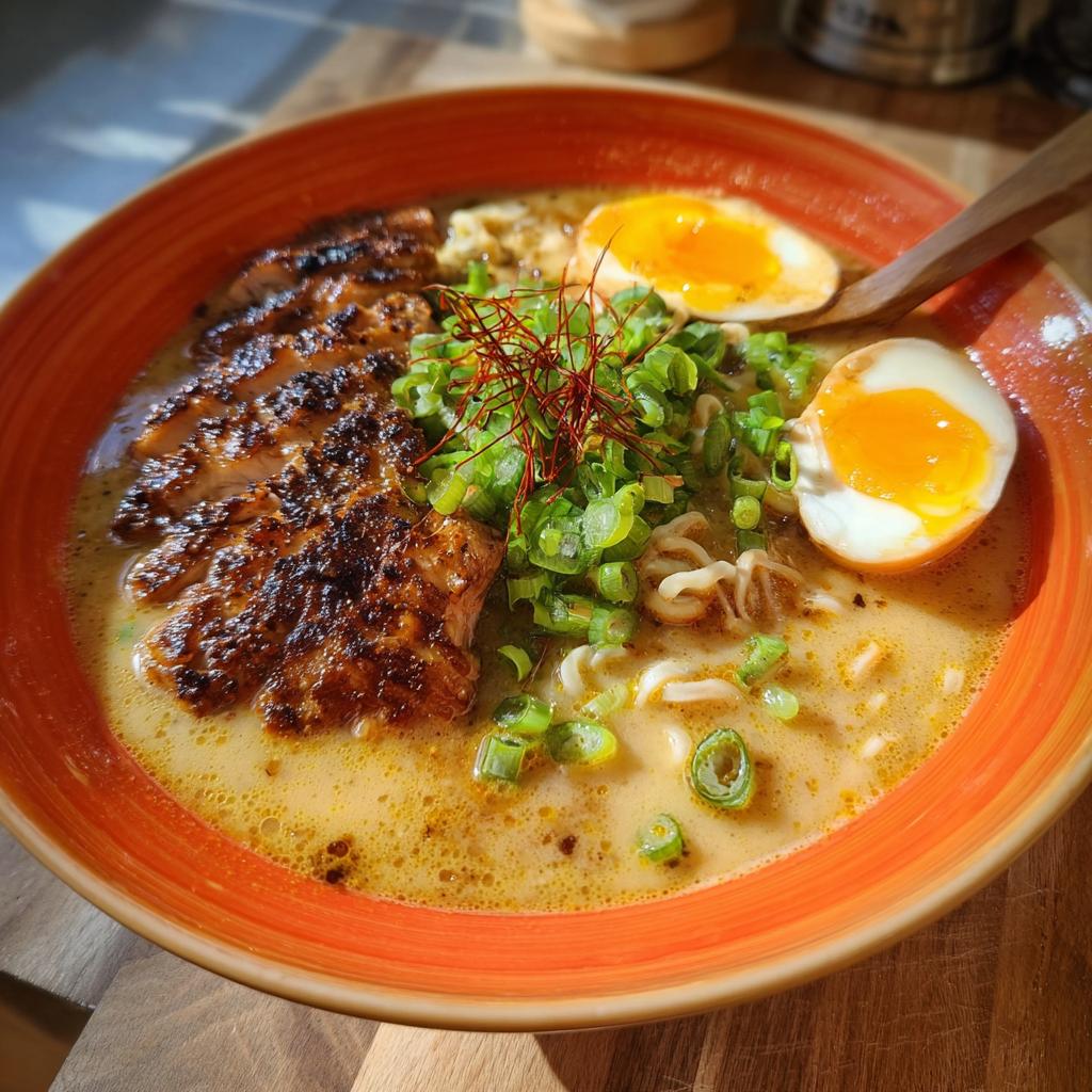 A close-up of a bowl of Creamy Garlic Chicken Ramen, featuring sliced grilled chicken, ramen noodles, a soft-boiled egg, and green onions.