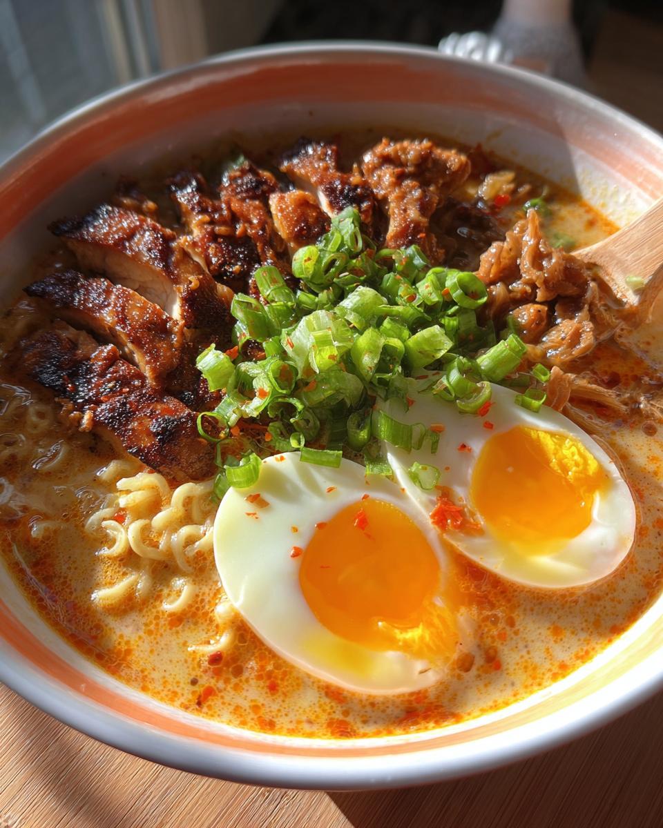 A close-up of Creamy Garlic Chicken Ramen, featuring sliced grilled chicken, ramen noodles, a rich broth, and halved soft-boiled eggs.