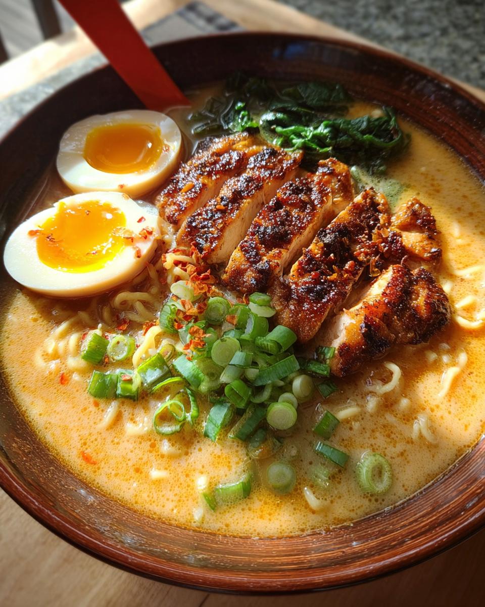 A delicious bowl of Creamy Garlic Chicken Ramen, featuring sliced chicken, ramen noodles, soft-boiled eggs, and green onions.
