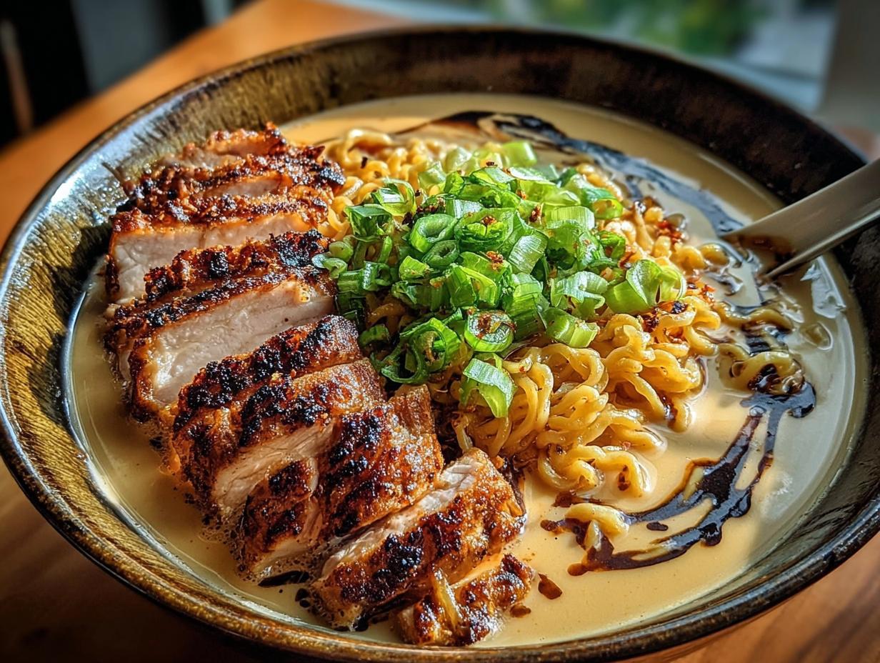 A close-up of a bowl of Creamy Garlic Chicken Ramen, featuring sliced grilled chicken, ramen noodles, and chopped green onions.