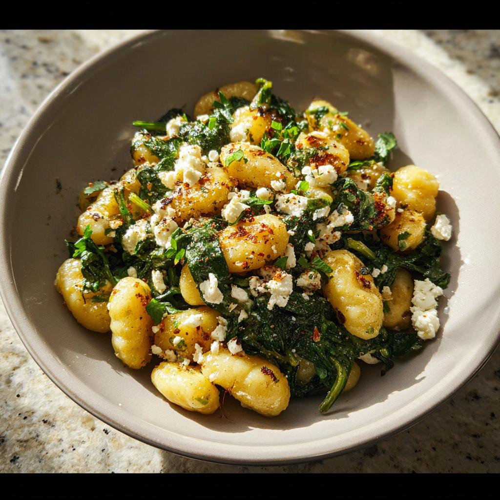 A close-up of a bowl of creamy gnocchi with spinach and feta cheese, garnished with herbs and chili flakes.