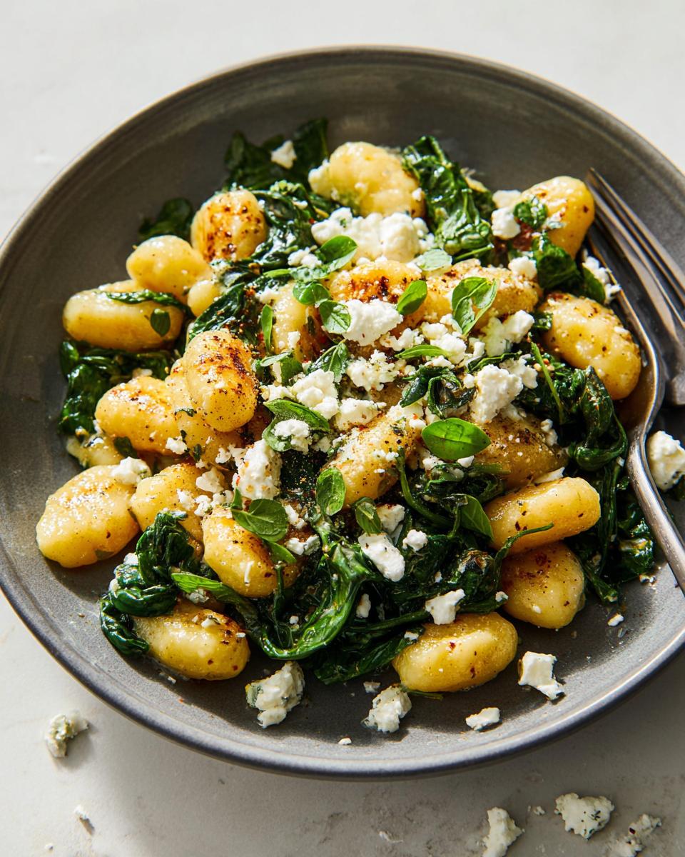 Close-up of creamy gnocchi with spinach and feta cheese, garnished with herbs.