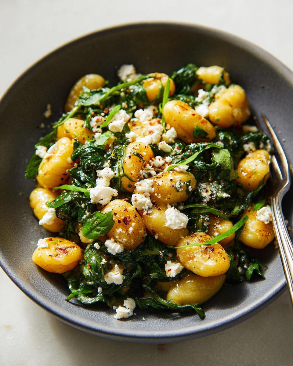 A close-up of a bowl filled with creamy gnocchi, wilted spinach, and crumbled feta cheese, garnished with red pepper flakes.