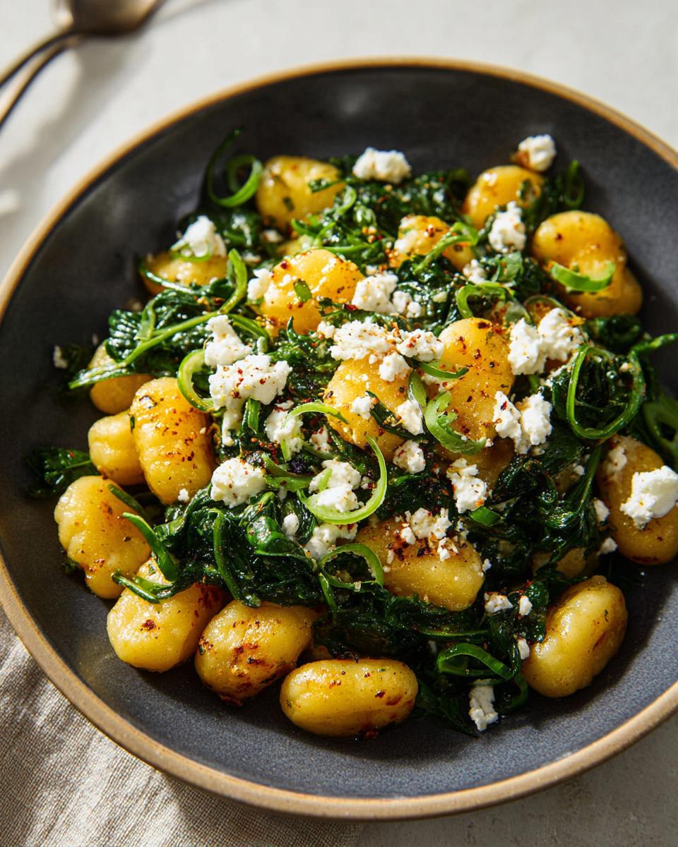 A close-up of a dark bowl filled with creamy gnocchi, wilted spinach, crumbled feta cheese, and green onions.