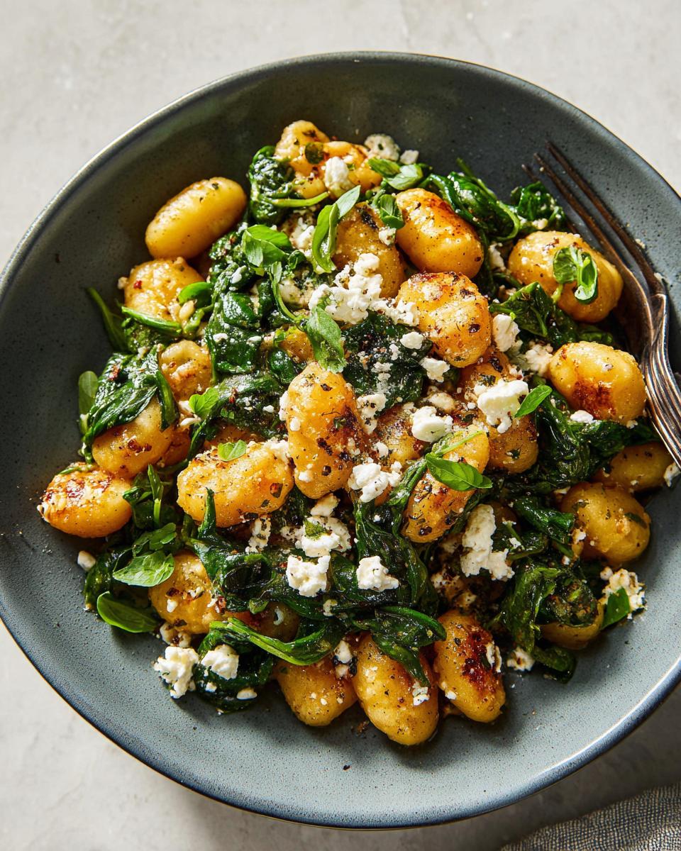 A bowl of delicious Creamy Gnocchi with Spinach and Feta, topped with fresh herbs and crumbled feta cheese.