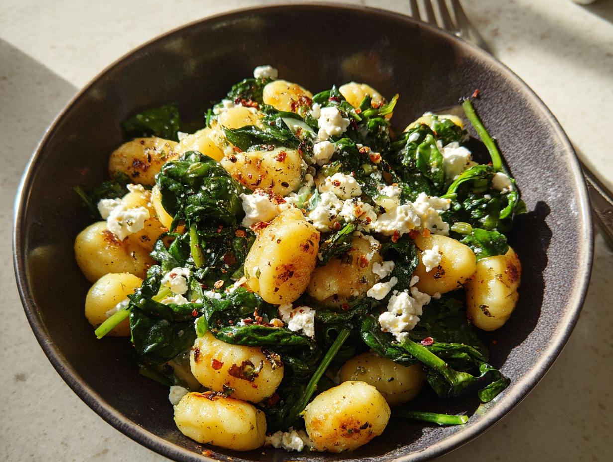 A close-up of a bowl filled with creamy gnocchi, wilted spinach, and crumbled feta cheese, sprinkled with red pepper flakes.