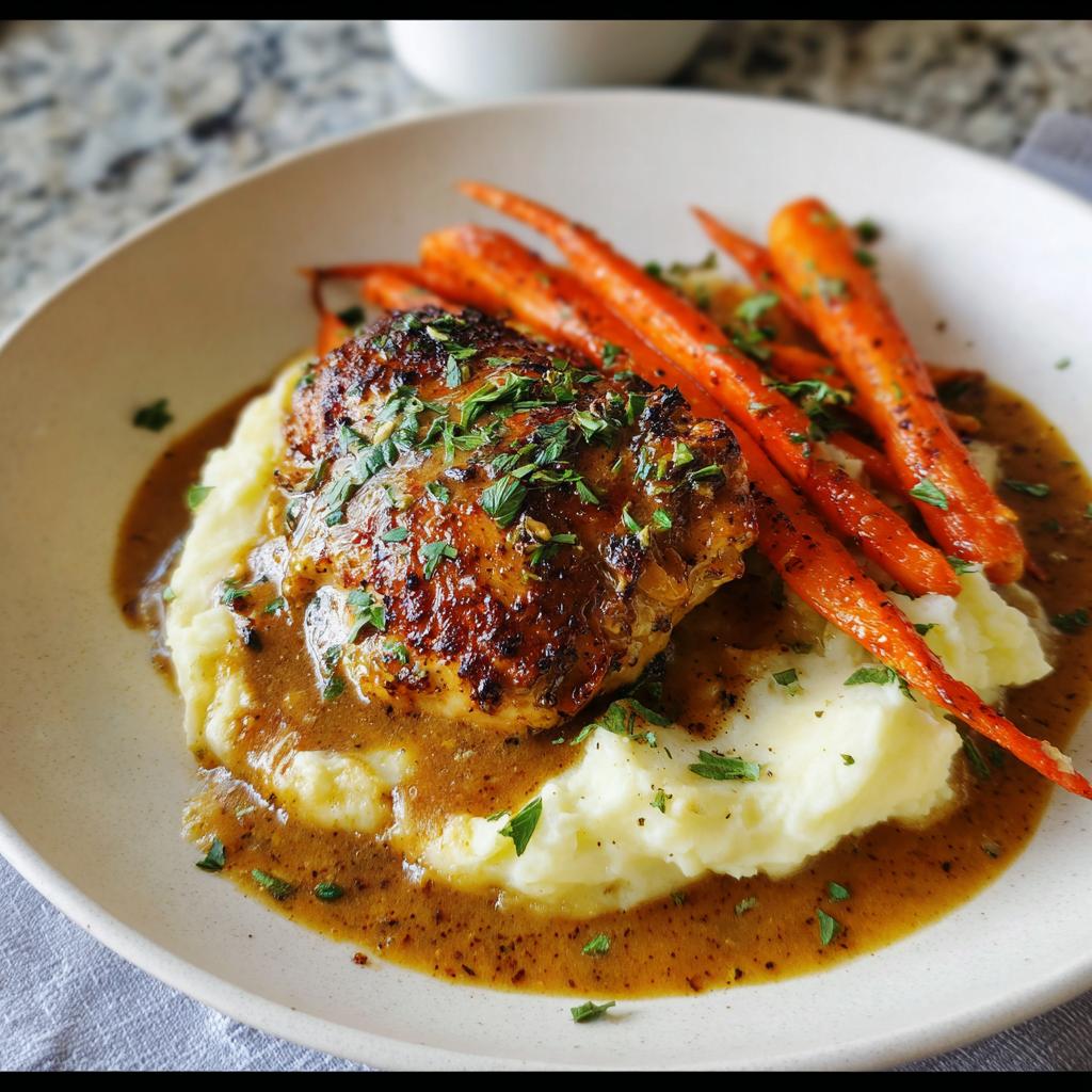 A plate of Creamy Herb Chicken served with mashed potatoes and glazed carrots, drizzled in sauce.