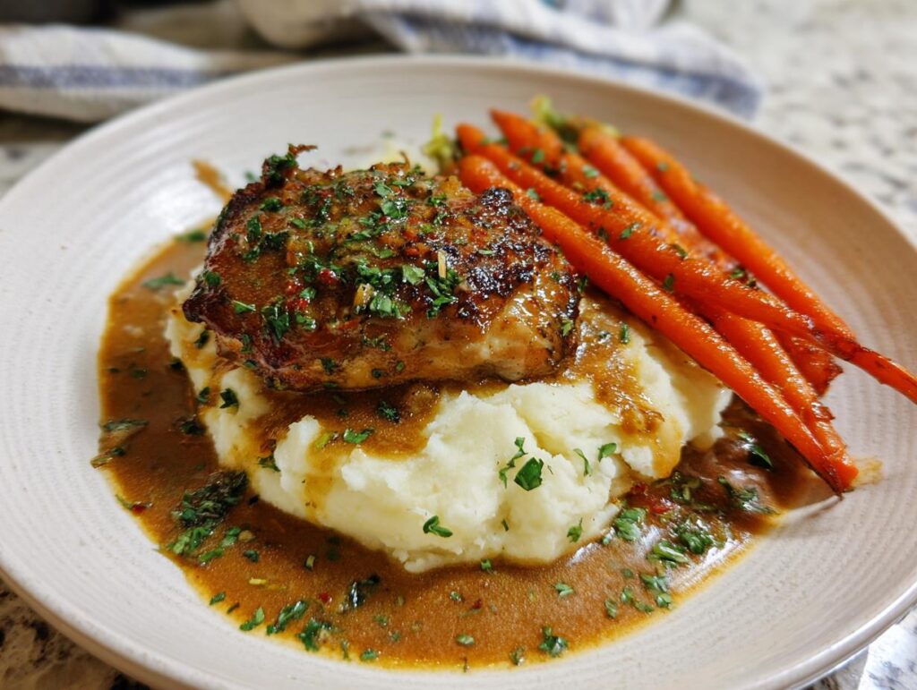 A plate of creamy herb chicken served with mashed potatoes and glazed carrots, drizzled in sauce.