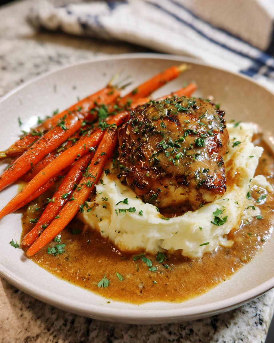 A plate of creamy herb chicken served with mashed potatoes and glazed carrots, drizzled with sauce and garnished with parsley.